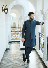 Classic Blue Waistcoat with shalwar kameez