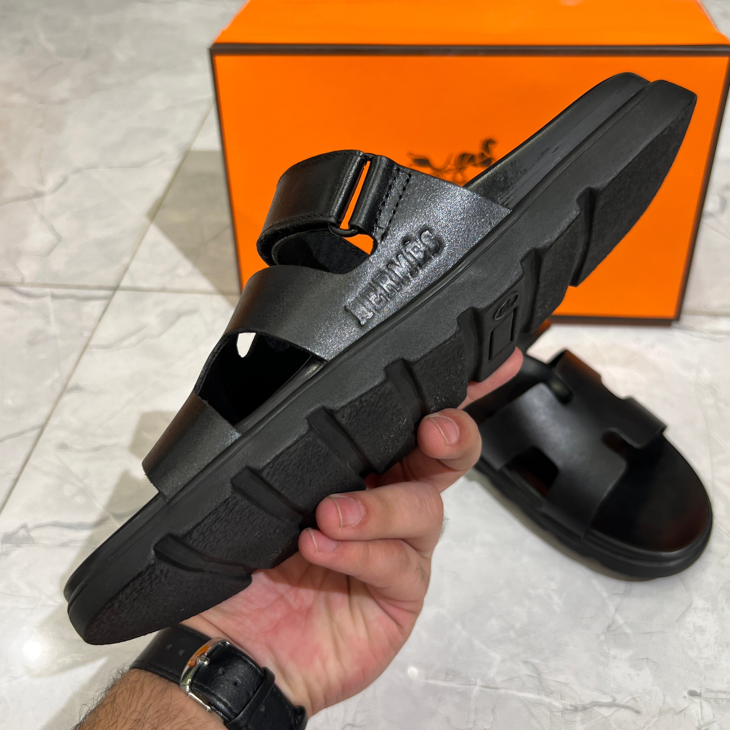 HERMES 'BLACK LEATHER HIGH QUALITY SLIDE
