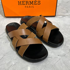 HERMES 'BROWN LEATHER HIGH QUALITY SLIDE