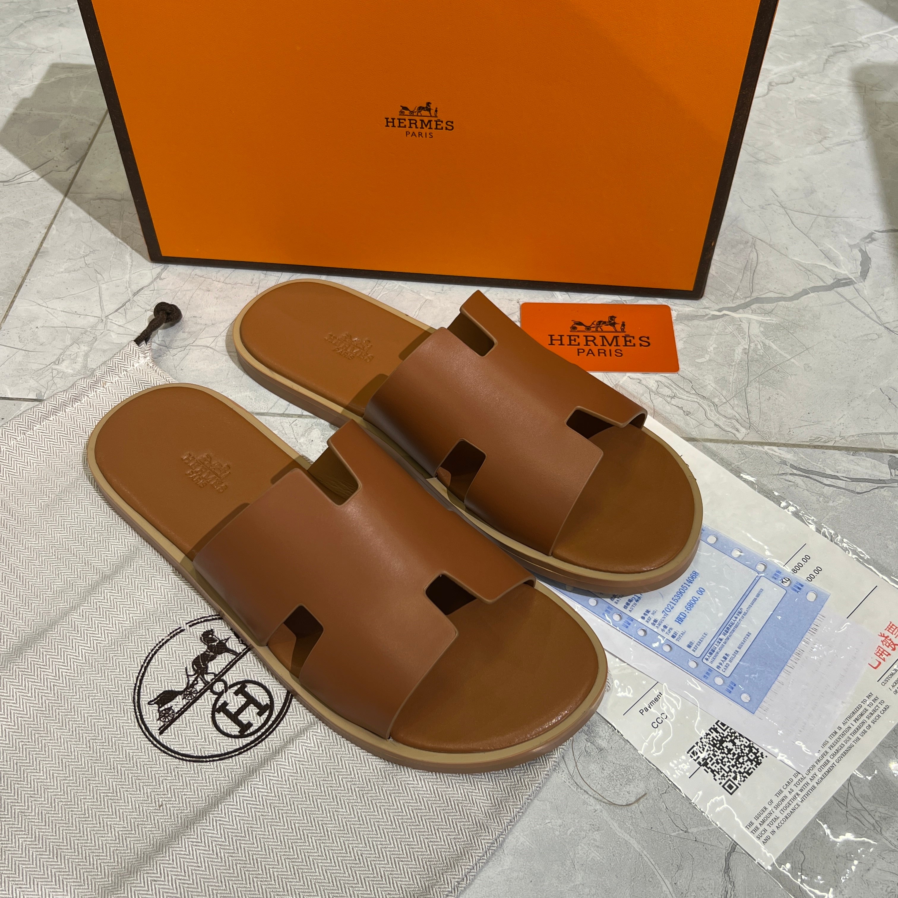 HERMES 'BROWN LEATHER HIGH QUALITY SLIDE