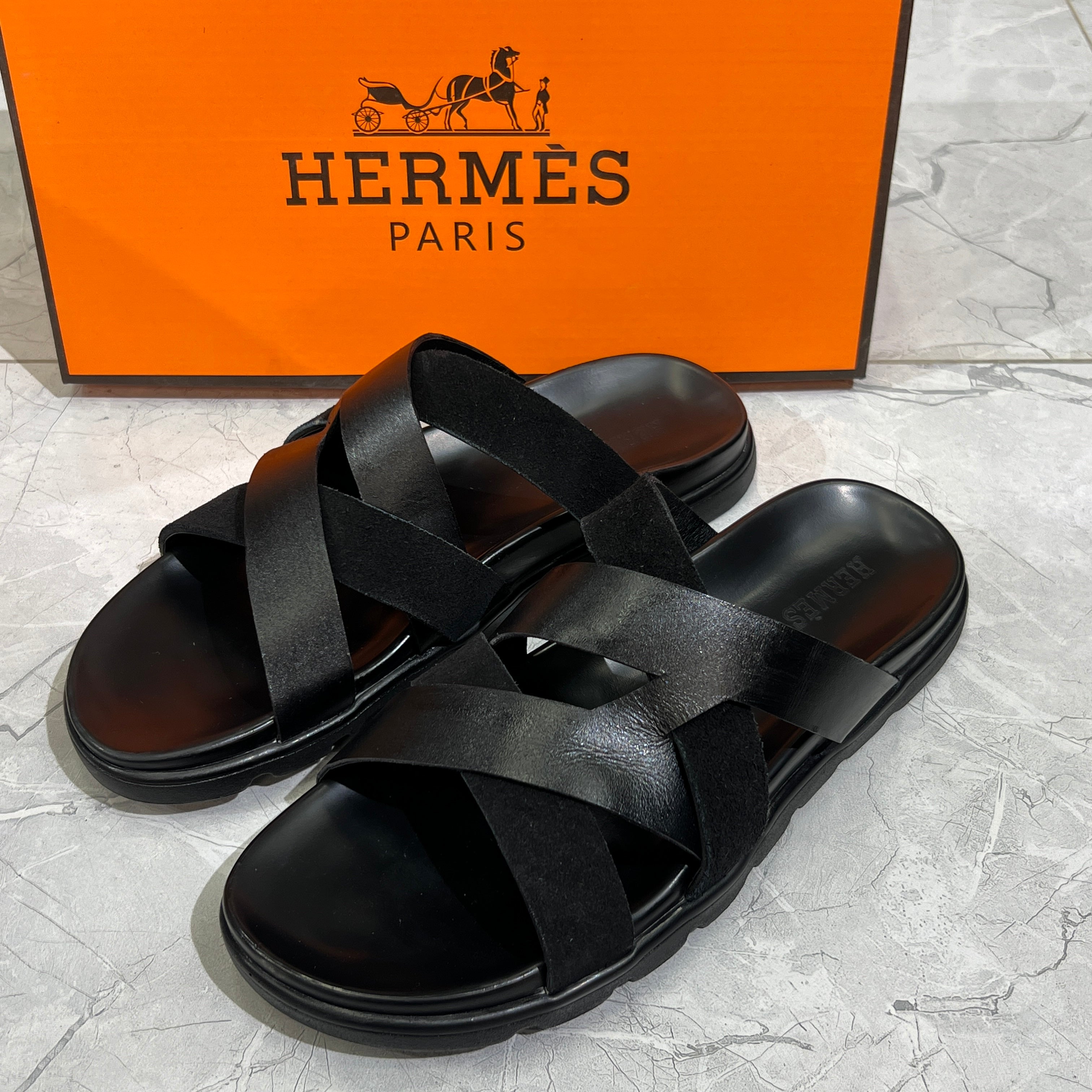 HERMES 'BLACK LEATHER HIGH QUALITY SLIDE
