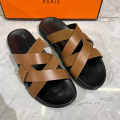 HERMES 'BROWN LEATHER HIGH QUALITY SLIDE