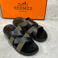 HERMES 'BLACK BRN LEATHER HIGH QUALITY SLIDE