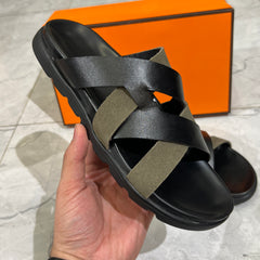 HERMES 'BLACK BRN LEATHER HIGH QUALITY SLIDE
