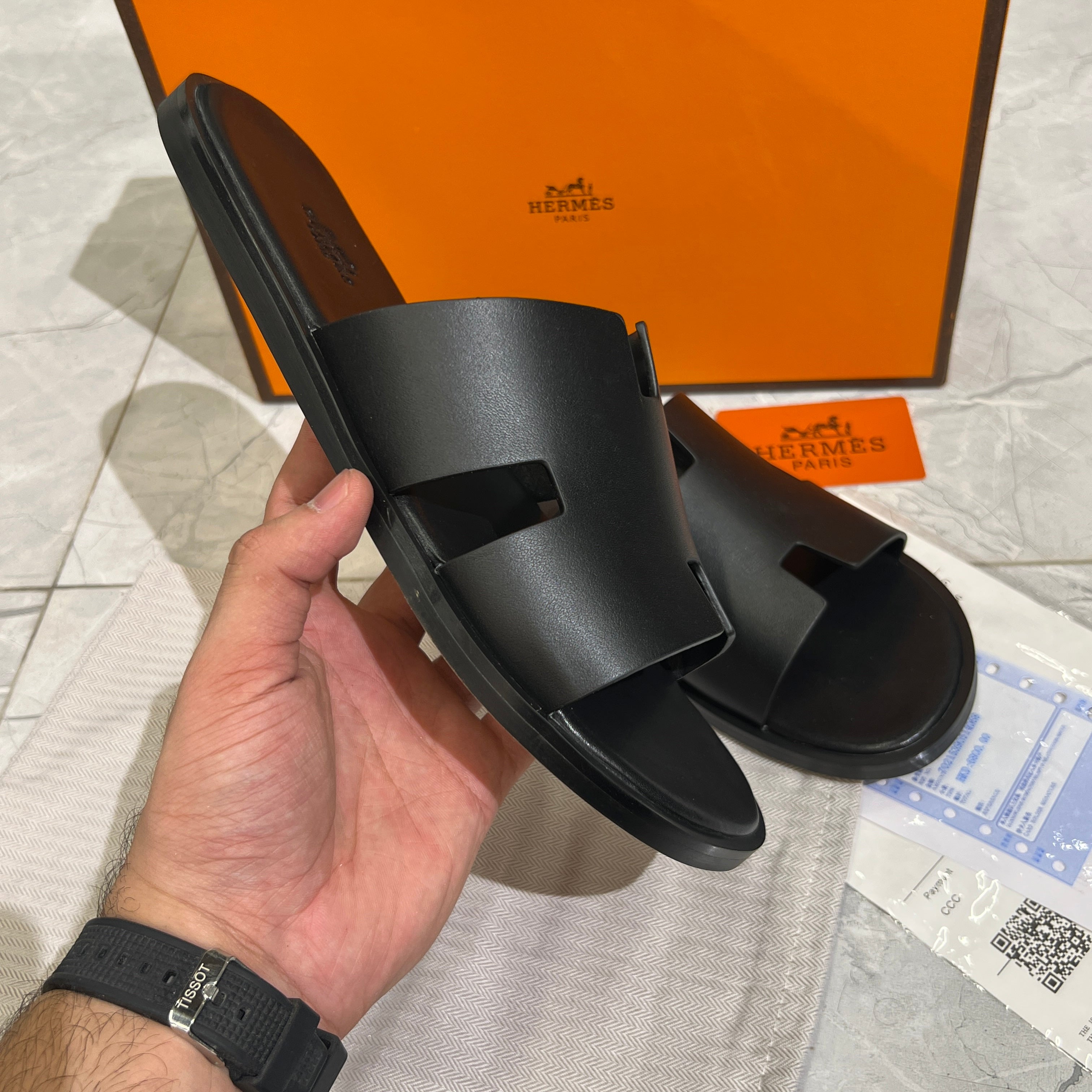HERMES 'BLACK LEATHER HIGH QUALITY SLIDE