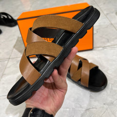HERMES 'BROWN LEATHER HIGH QUALITY SLIDE