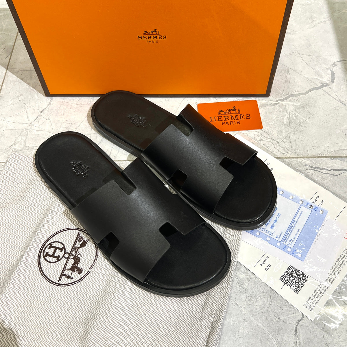 HERMES 'BLACK LEATHER HIGH QUALITY SLIDE