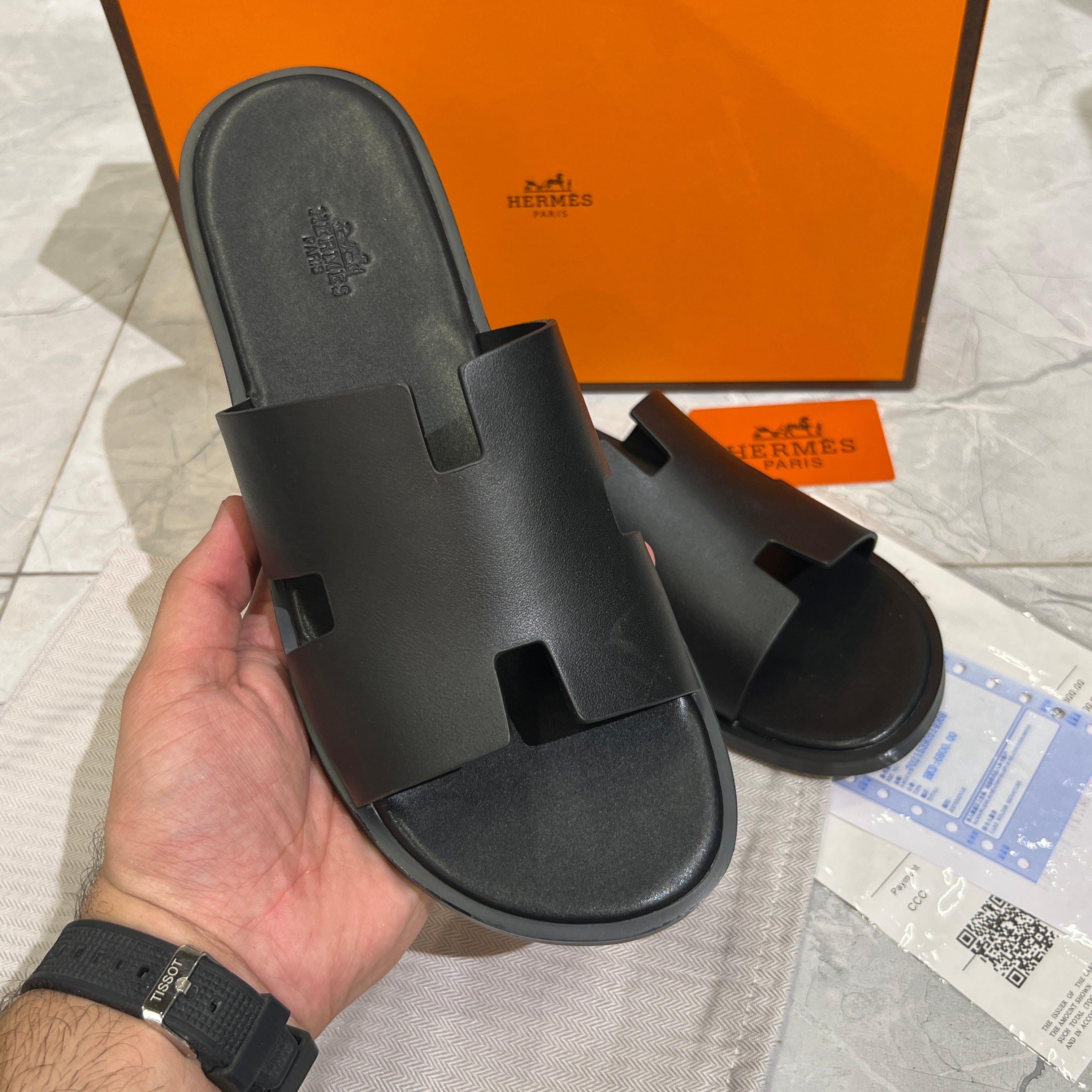 HERMES 'BLACK LEATHER HIGH QUALITY SLIDE